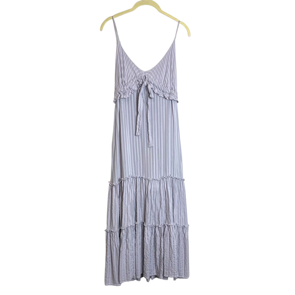Grade & Gather Tiered Midi Dress Smocked Waist Size Medium Lilac Striped Pockets